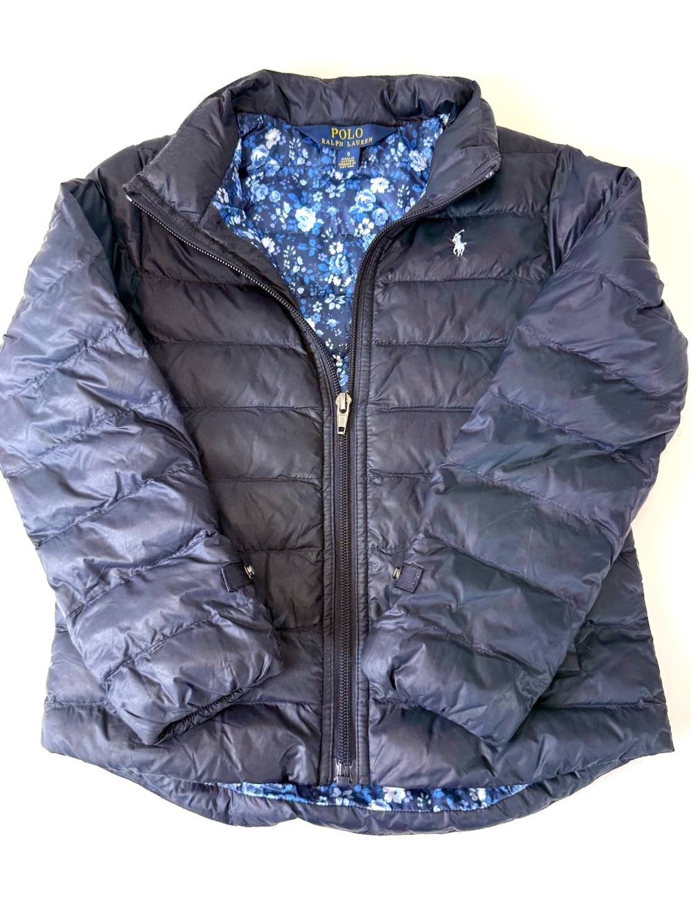 Polo by Ralph Lauren Navy Kids Puffer Jacket with Blue Floral Lining